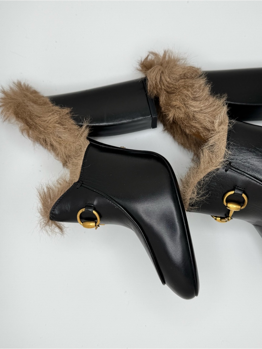 Gucci Princetown Fur Mules Black Leather Horsebit Heels 37 - Picture 13 of 16